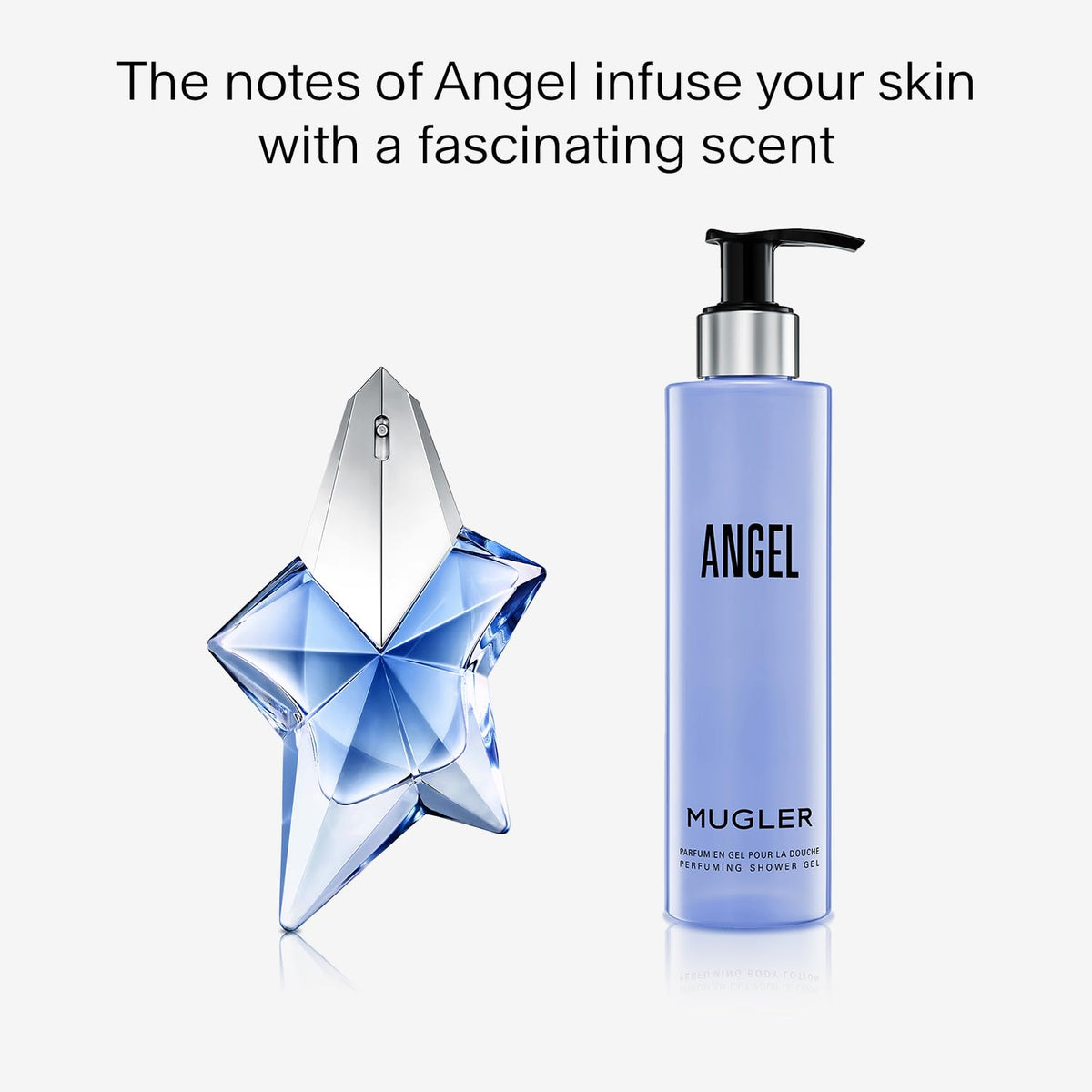 Mugler Angel in-shower use with lather on skin, illustrating gentle cleansing and fragrance release