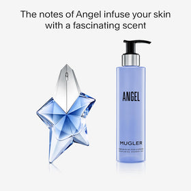 Mugler Angel in-shower use with lather on skin, illustrating gentle cleansing and fragrance release