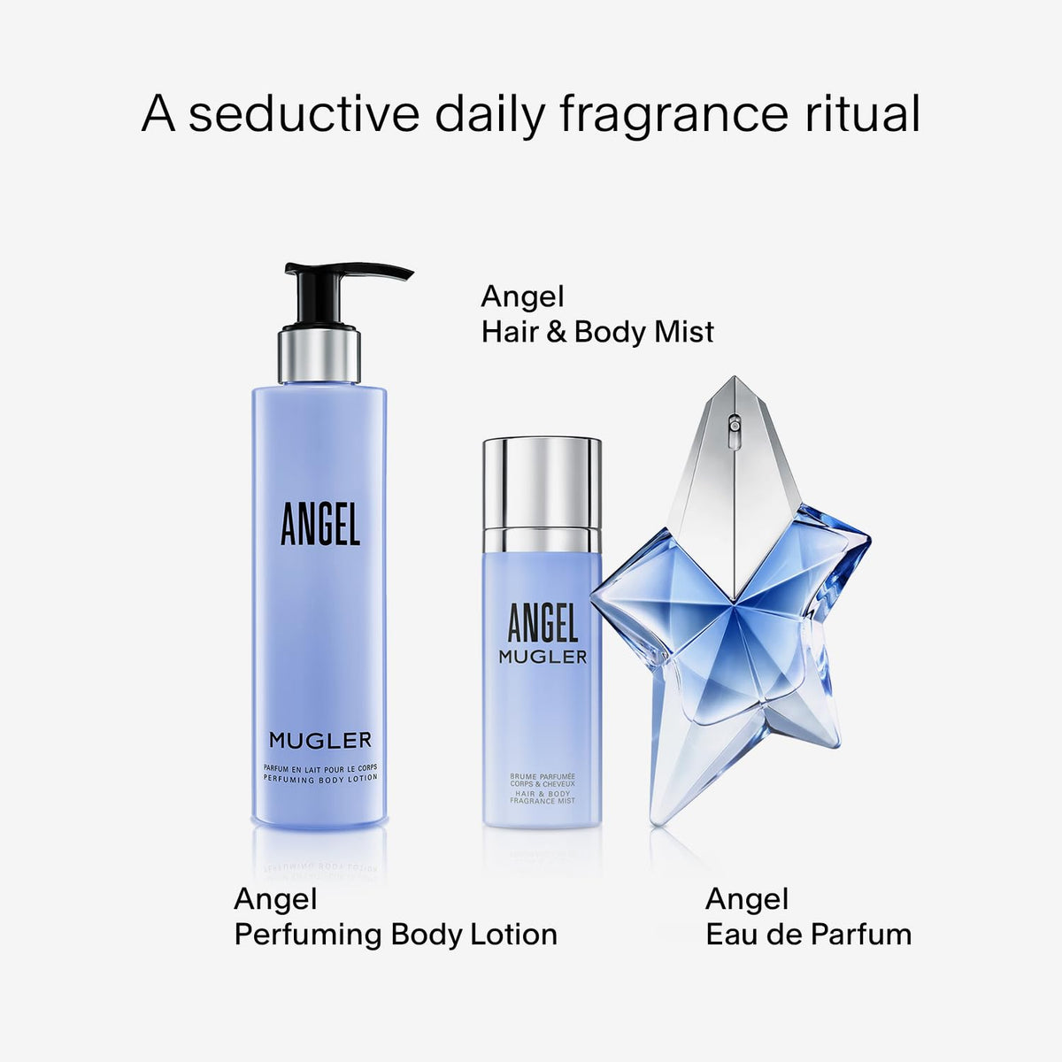 Mugler Angel in bathroom setting styled with towel conveying daily routine and scent boost benefit