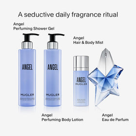 Mugler Angel packaging next to toiletries for scale, highlights 6.7 fl oz size and travel-friendly benefit