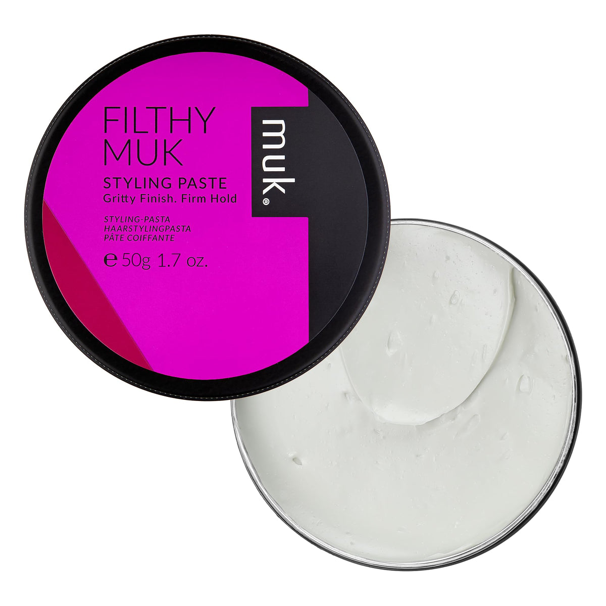 MUK open jar revealing paste texture and gritty finish for styling control