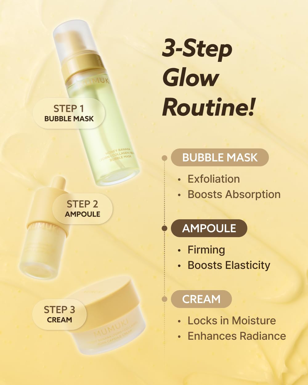 MUMUKI ampoule alongside Bubble Mask and Capsule Cream showing routine synergy