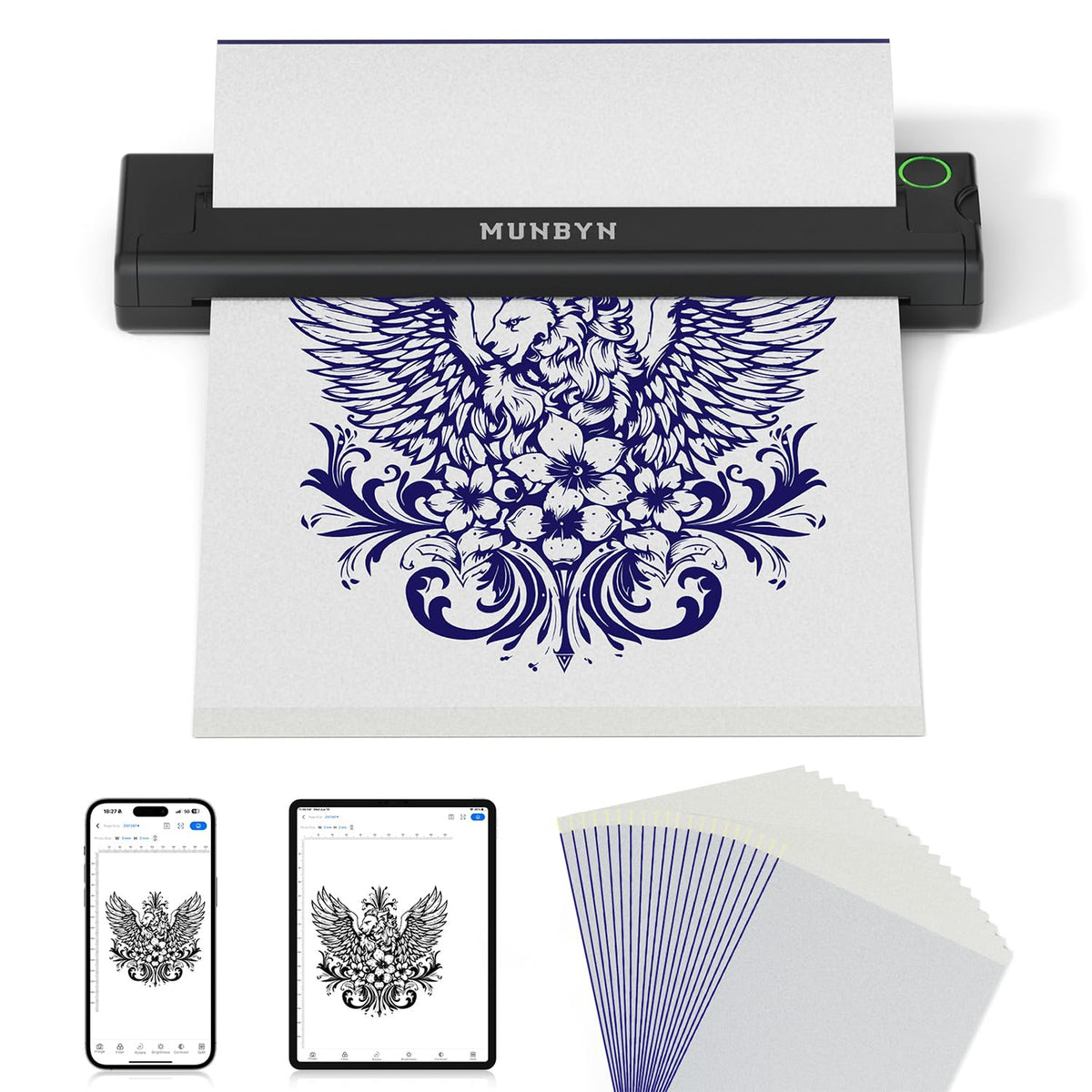 MUNBYN ITP05 front view showing compact printer and clear stencil output benefit
