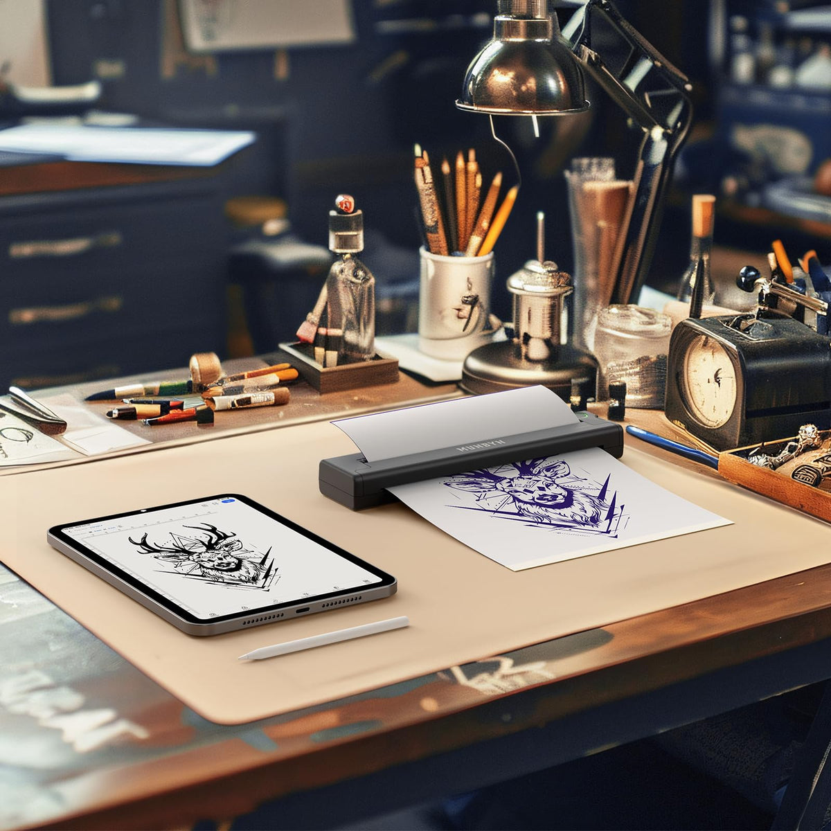 MUNBYN ITP05 on artist workstation with tools showing professional studio integration benefit