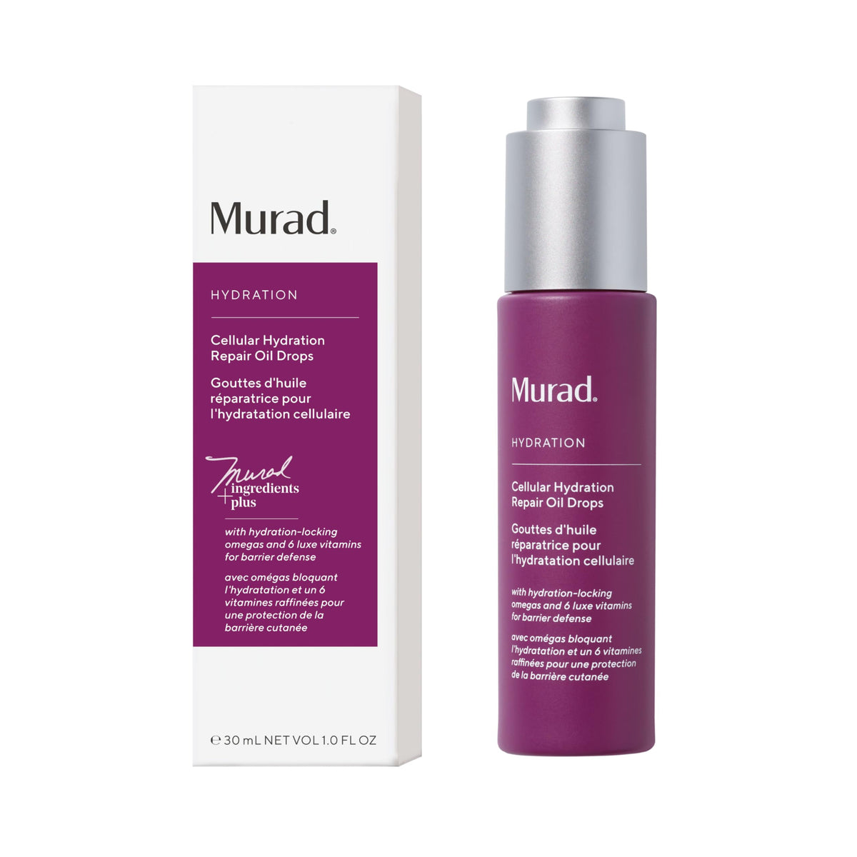 Murad bottle front view showing branding and product benefits, promotes hydrated skin