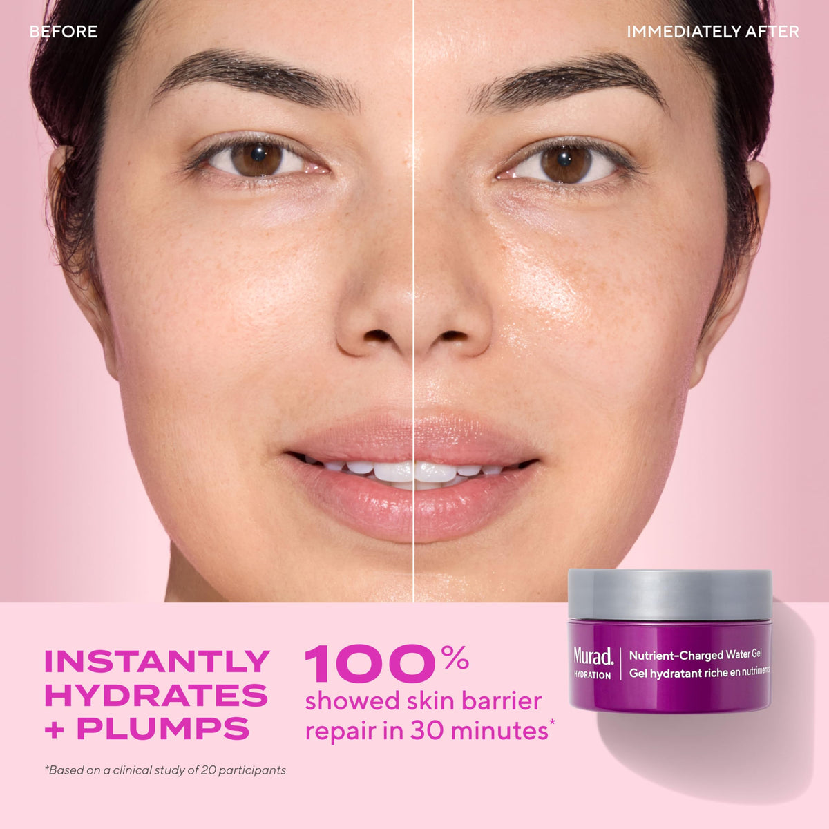Applying Murad gel from palm to cheek for fast-absorbing hydration