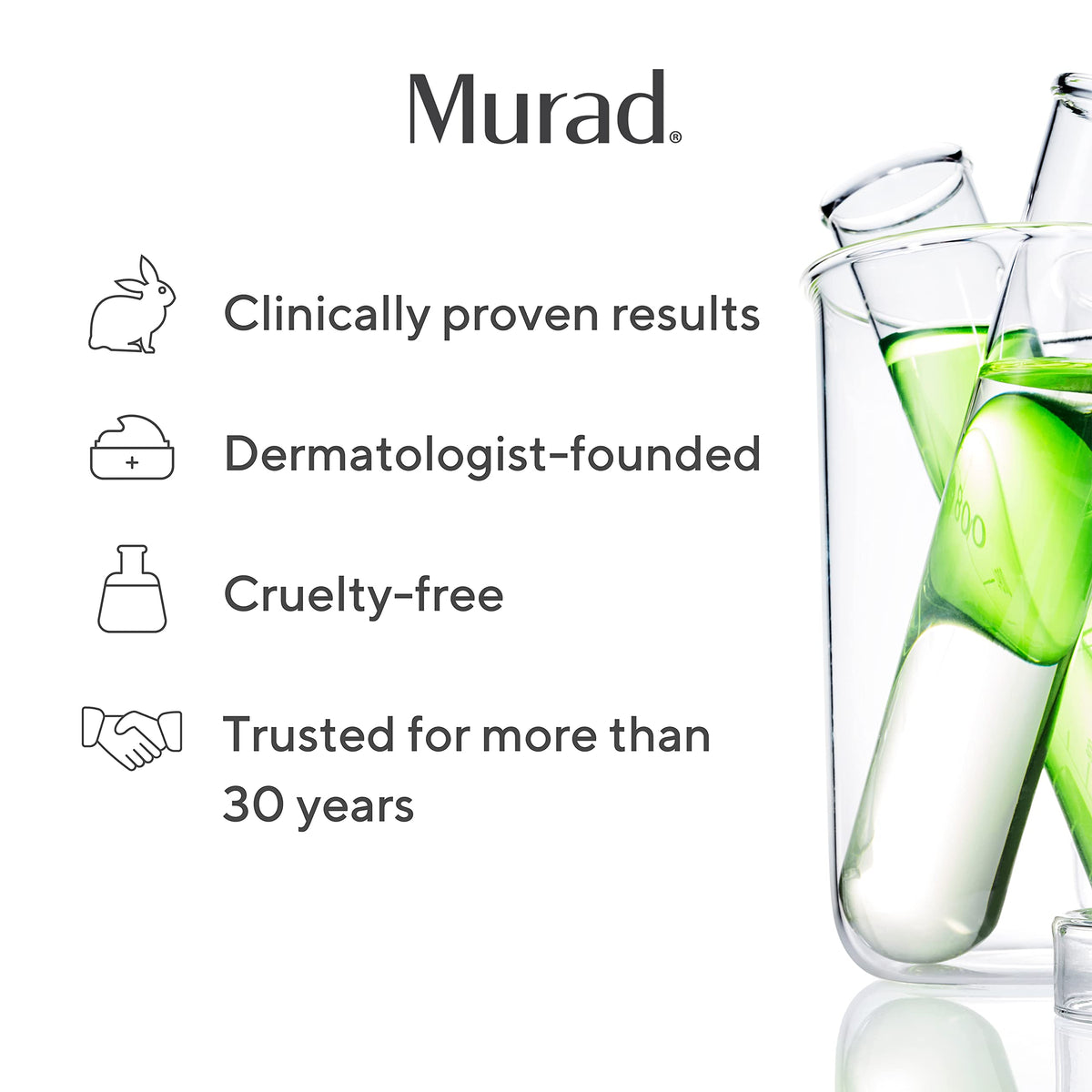 Murad on a nighttime vanity beside skincare tools, evokes routine and restorative benefit