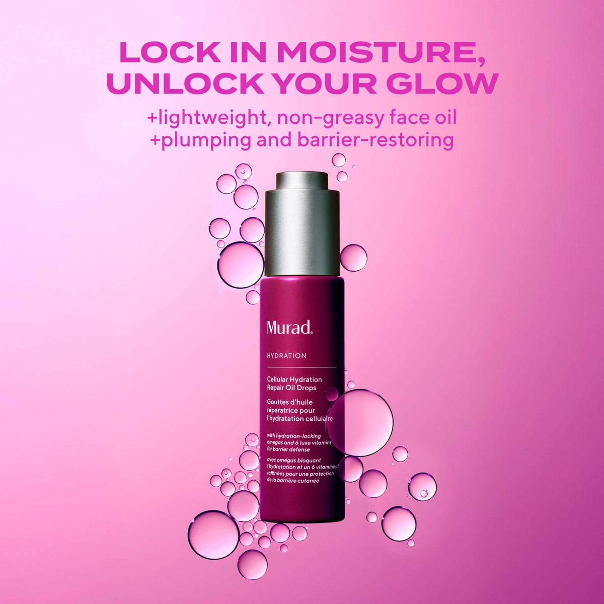 Close-up of oil texture on skin, Murad showing lightweight non-greasy finish