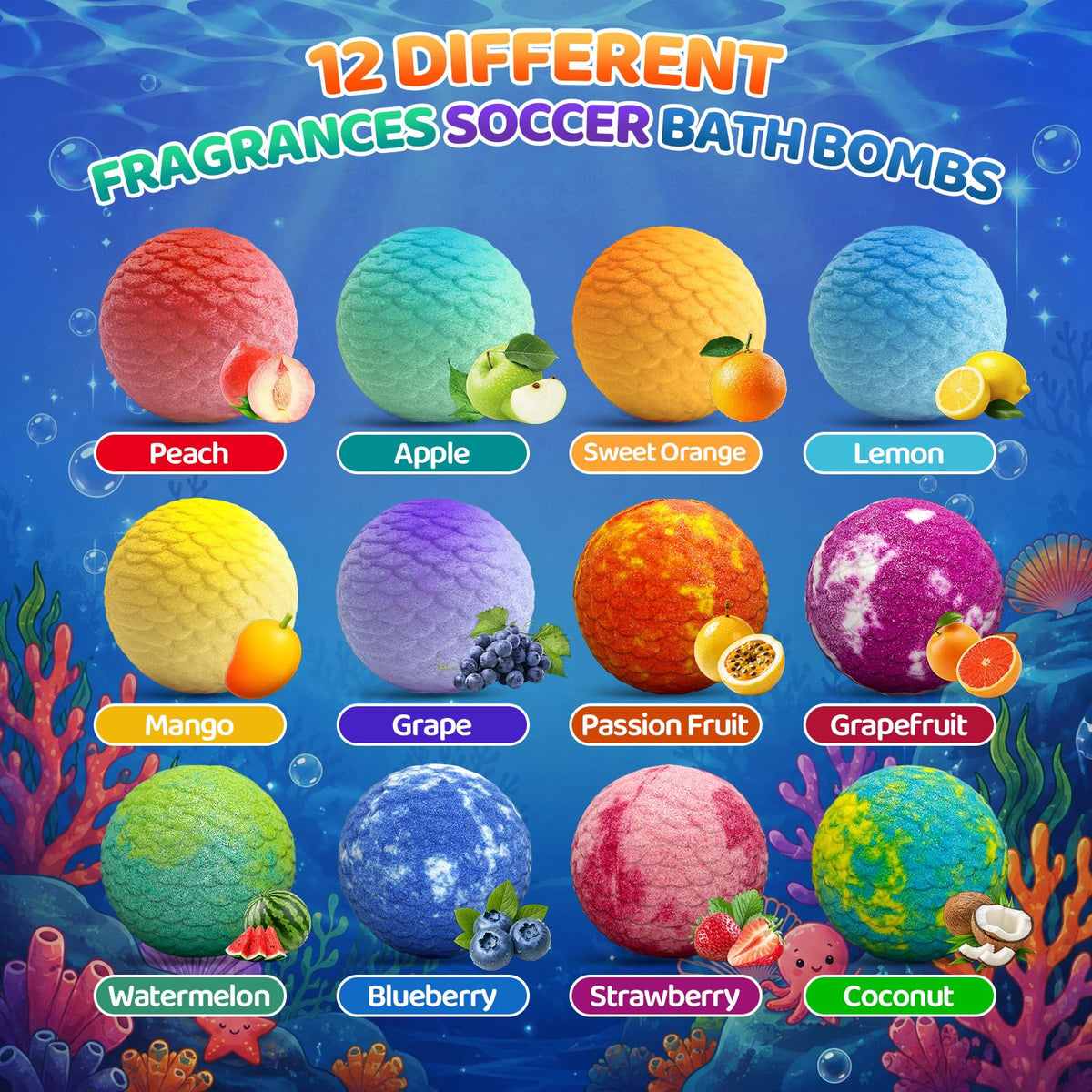 MURAN SHOWER colorful bath bombs arranged to show variety and playful colors