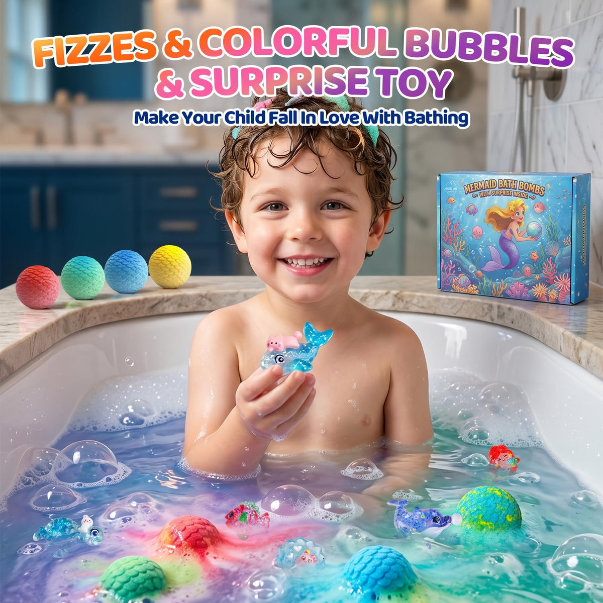 MURAN SHOWER child enjoying bubbly bath illustrating safe fun and engagement