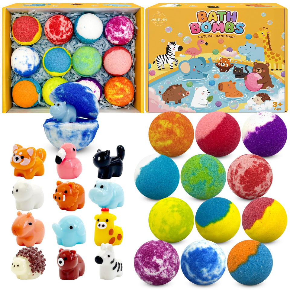 MURAN SHOWER front packaging showing 12 colorful bath bombs and toys benefit excitement