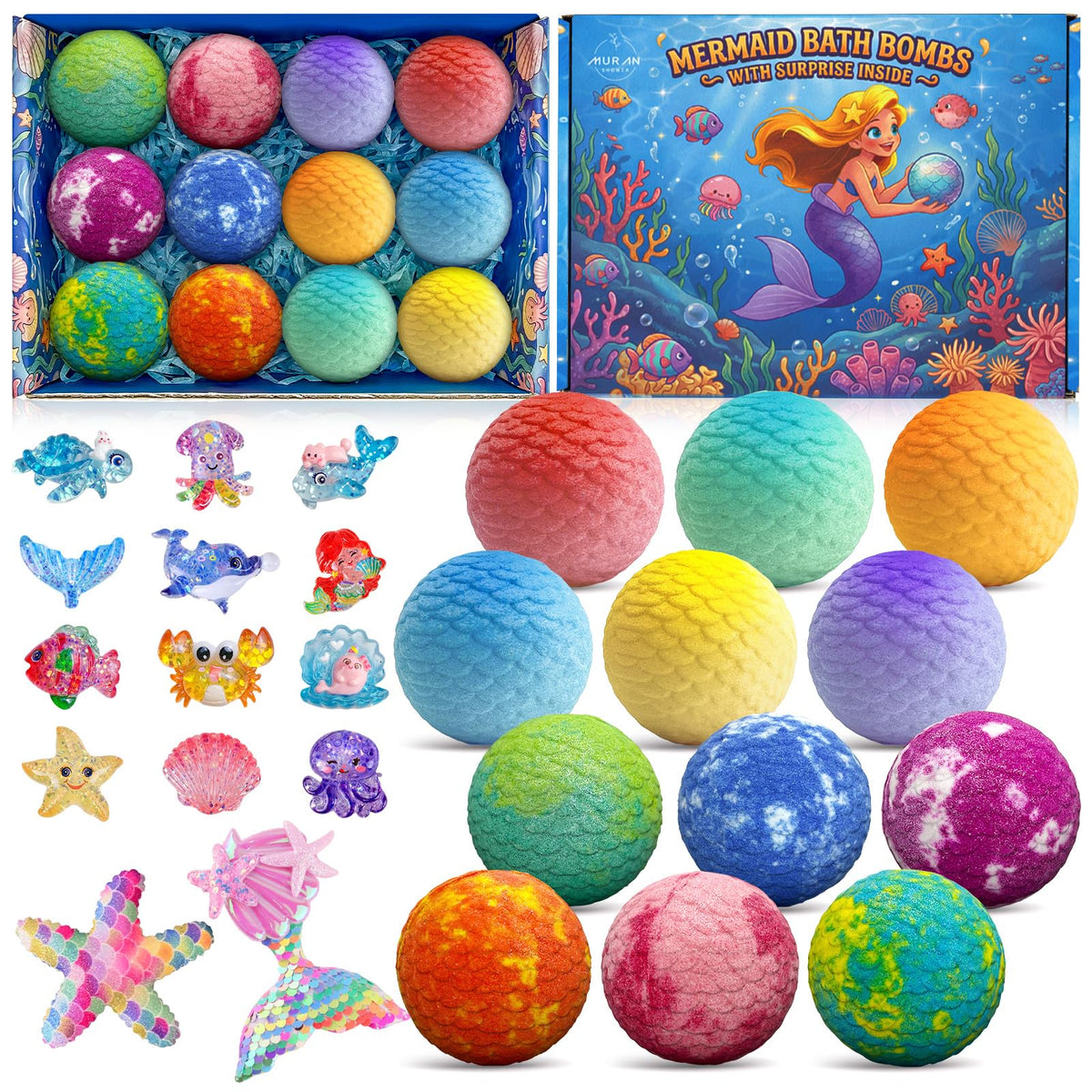 MURAN SHOWER front packaging showing 12-piece mermaid bath bomb gift set and appeal