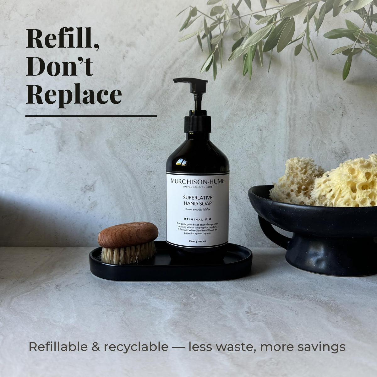 Murchison-Hume bottle placed near bathroom sink in lifestyle scene benefit: stylish everyday use