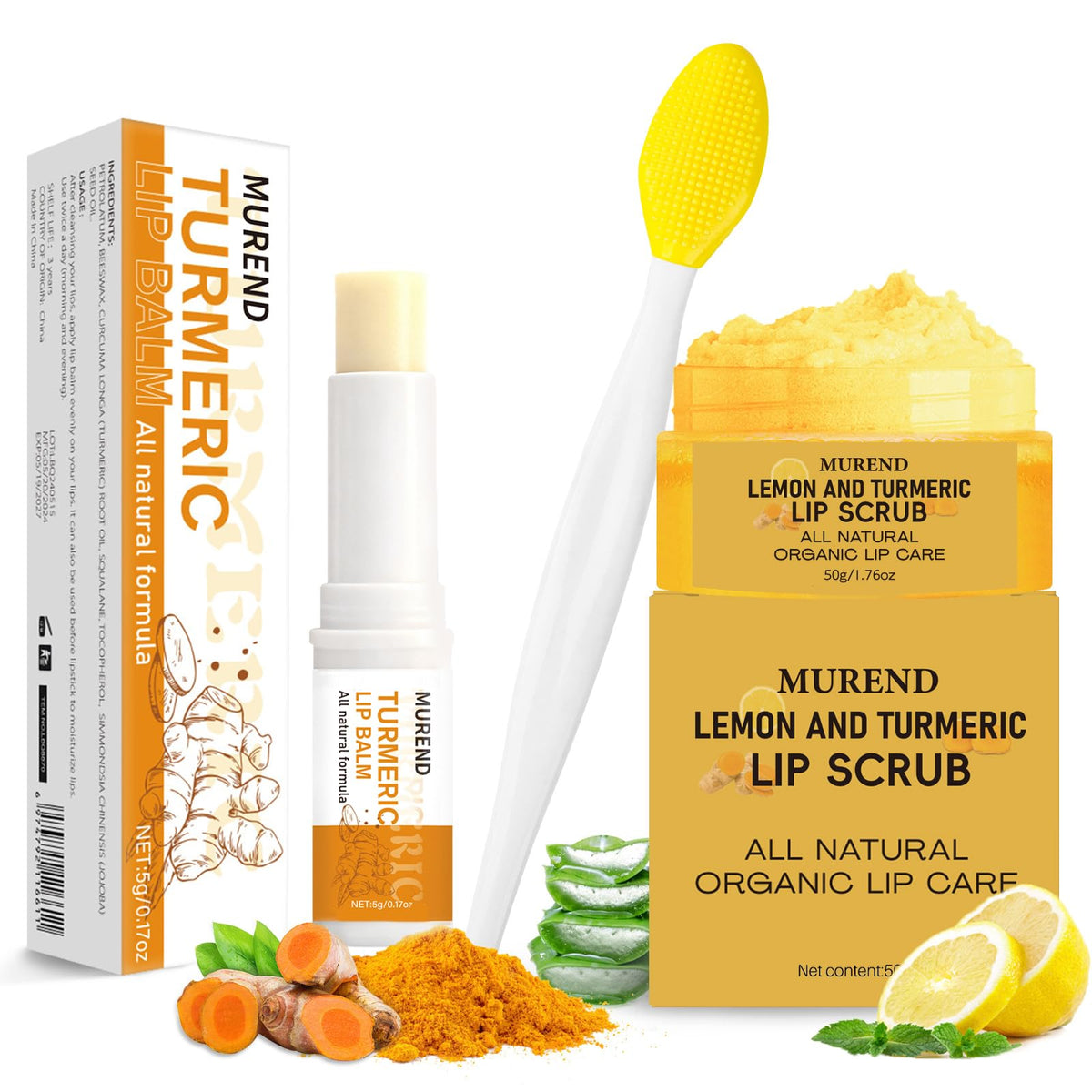 MUREND front packaging of turmeric lemon lip set showing kit components and benefits