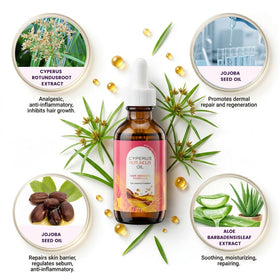 MUREND natural botanicals display showing cyperus and calming ingredient benefits