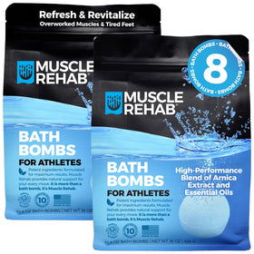 Muscle Rehab front packaging showing eight recovery bath bombs and value pack benefit