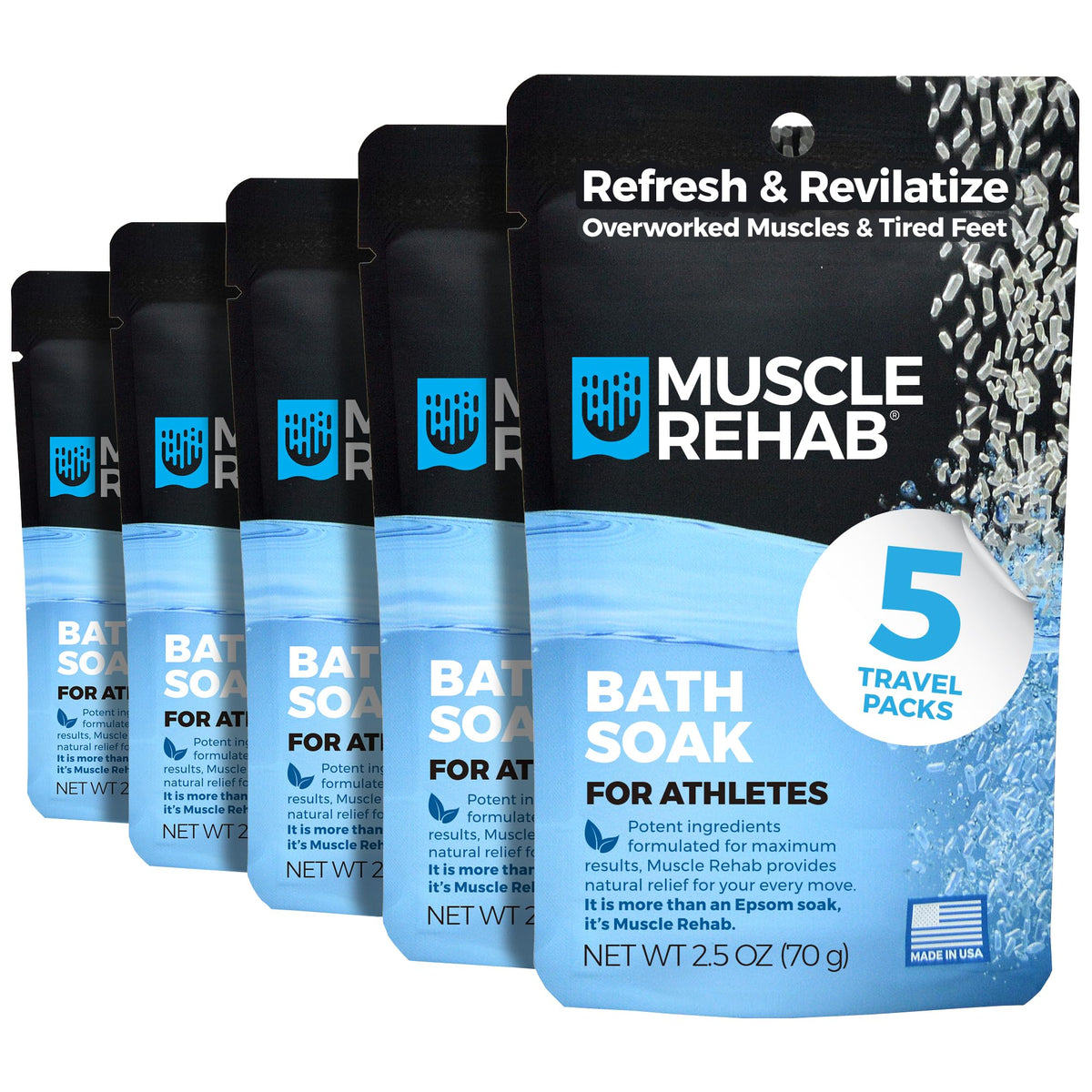 Muscle Rehab front packaging showing five travel packets and benefits