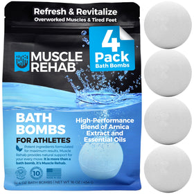 Muscle Rehab front packaging showing four recovery bath bombs and benefits