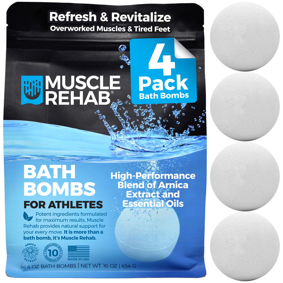 Muscle Rehab front packaging showing four recovery bath bombs and benefits