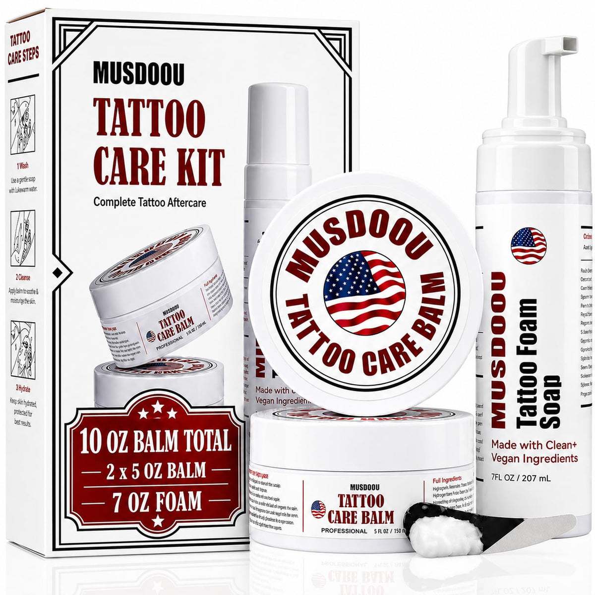 MUSDOOU front packaging showing complete tattoo aftercare kit and convenience
