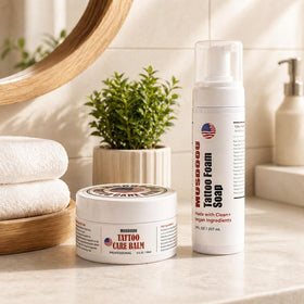 MUSDOOU lifestyle bathroom scene showing easy daily tattoo care routine