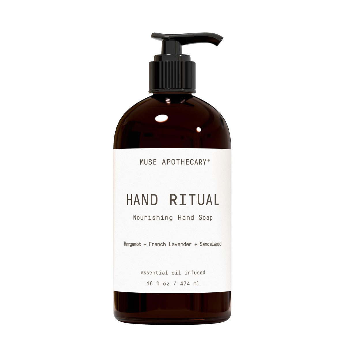 Muse Apothecary front bottle showing bergamot lavender sandalwood scent and pump for easy use