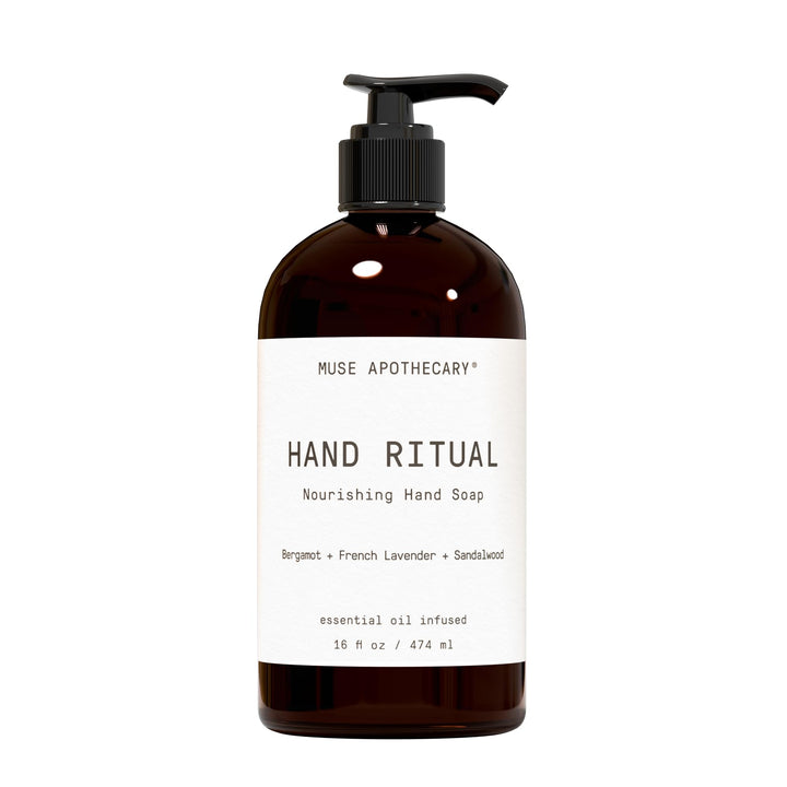 Muse Apothecary front bottle showing bergamot lavender sandalwood scent and pump for easy use