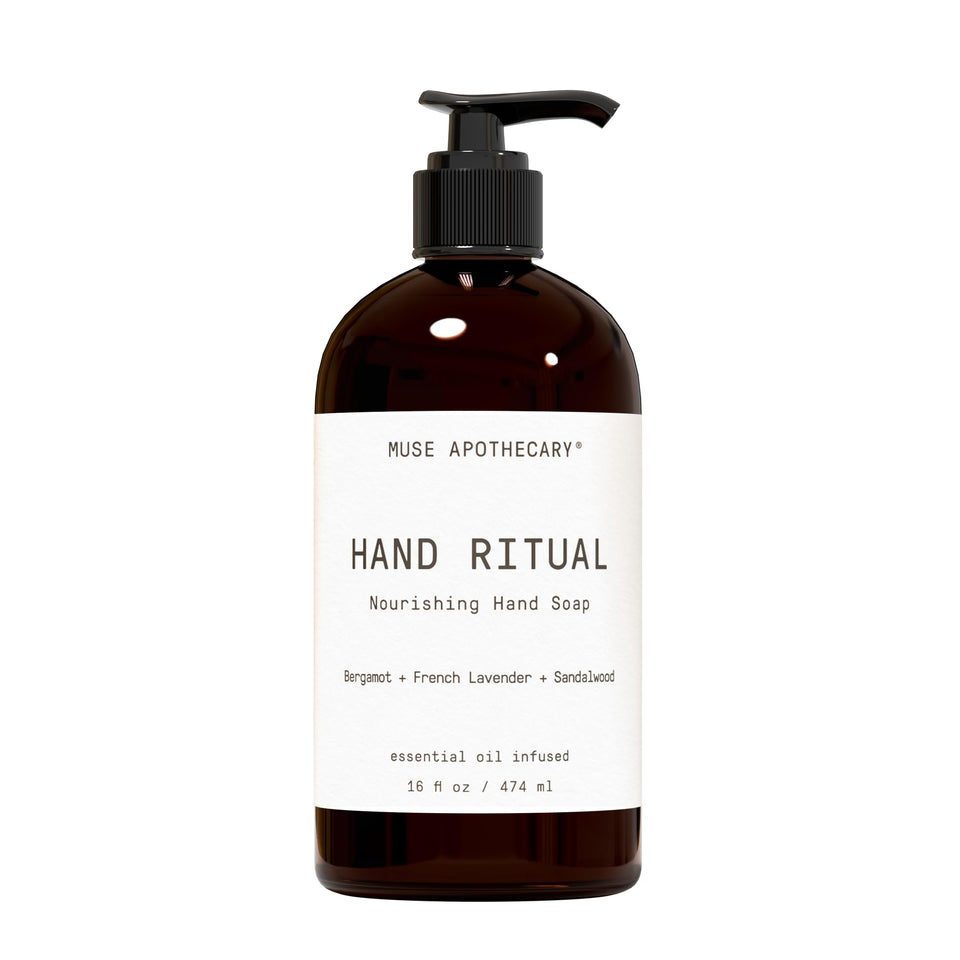 Muse Apothecary front bottle showing bergamot lavender sandalwood scent and pump for easy use