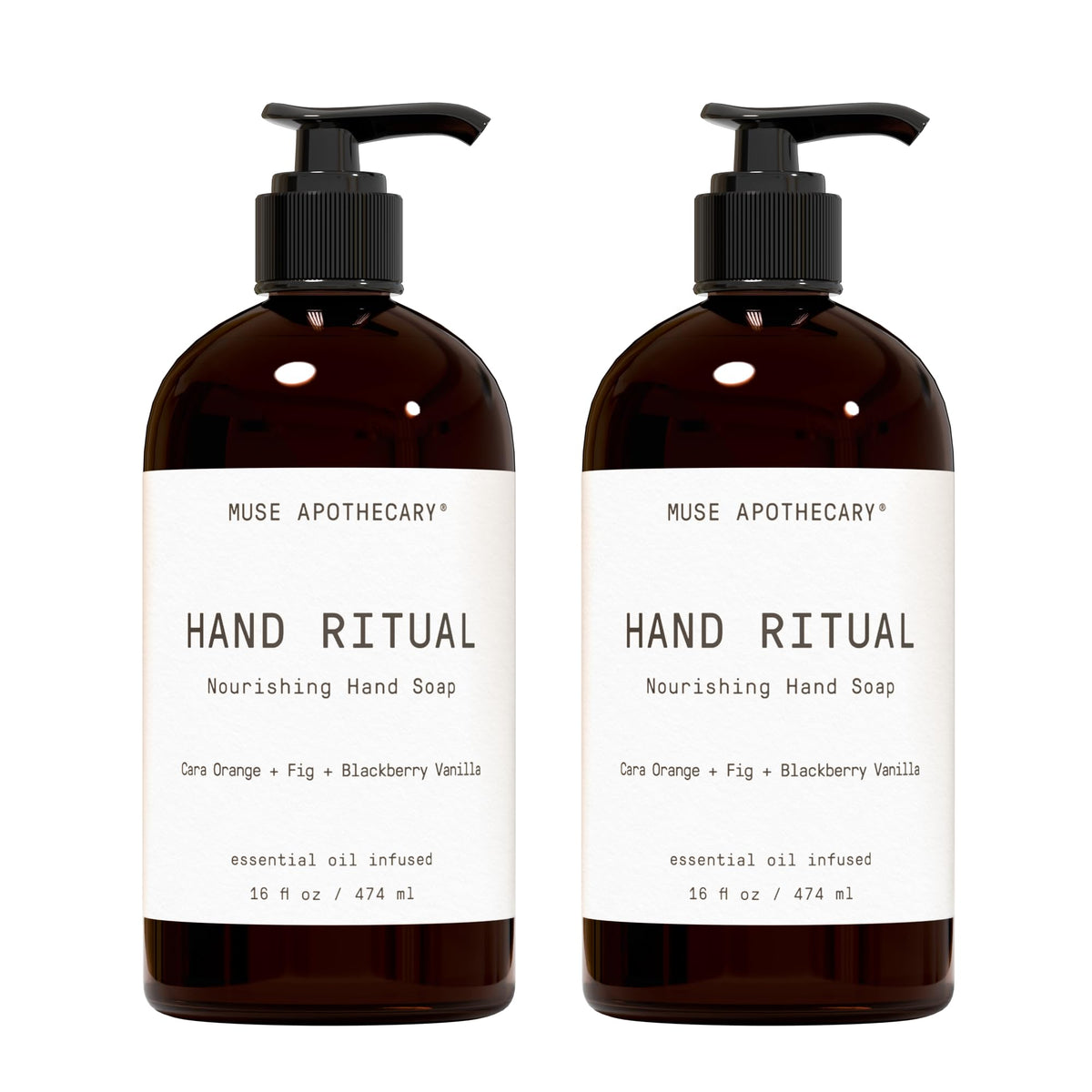 Muse Apothecary front packaging showing both 16 oz bottles and scent names benefiting daily ritual