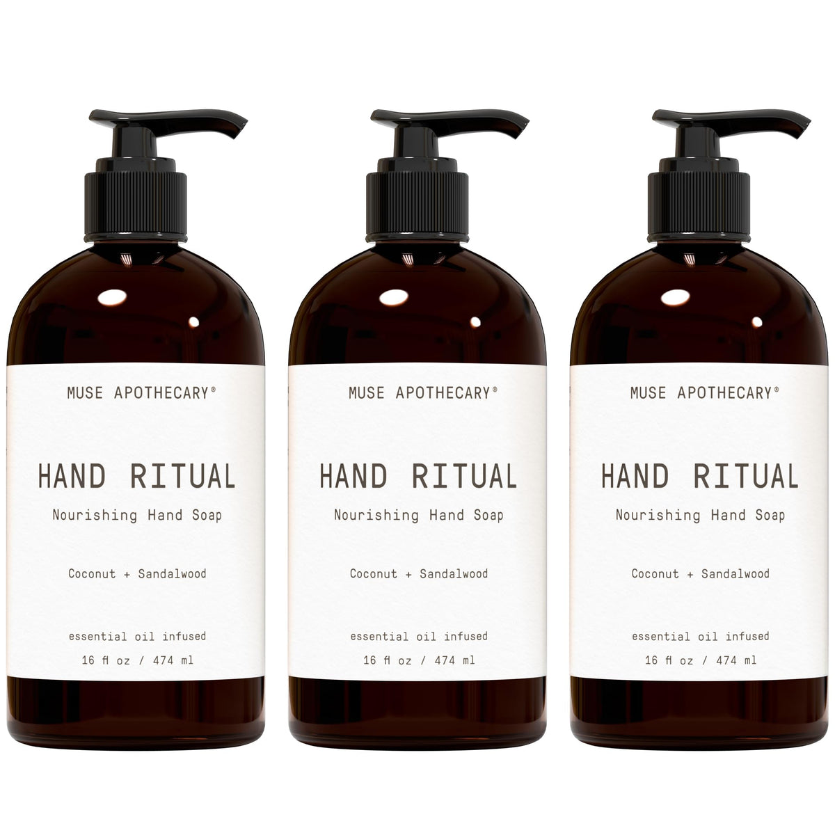 Muse Apothecary front packaging showing Coconut + Sandalwood scent and pump