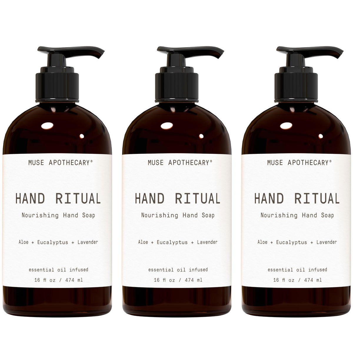 Muse Apothecary front packaging showing three 16 oz bottles and calming design