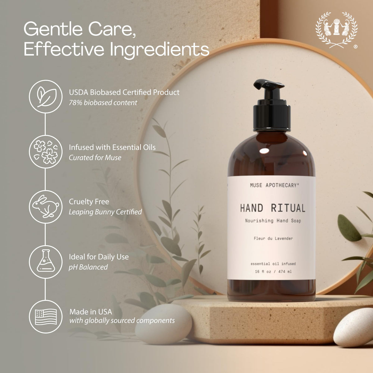 Muse Apothecary bottle on bathroom counter styled for a calming ritual