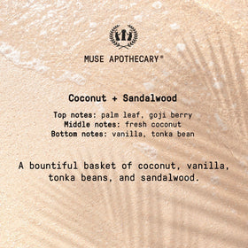 Muse Apothecary coconut and sandalwood ingredients staged to show natural aromatherapy