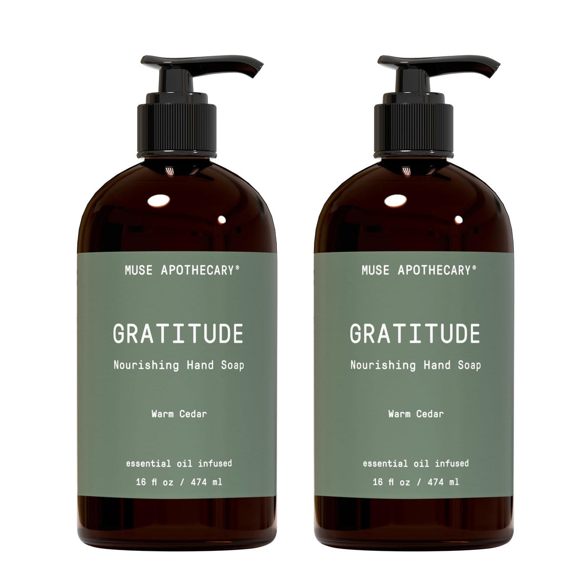 Muse Apothecary front packaging showing Warm Cedar 16 oz bottle and calming scent benefit