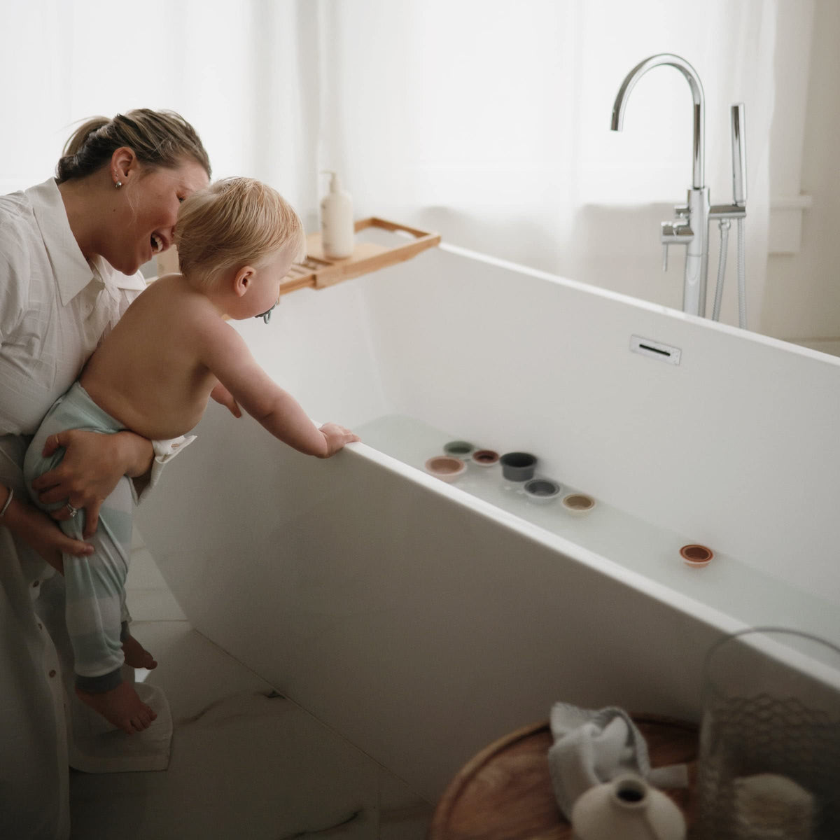 mushie in bathroom lifestyle scene illustrating gentle daily use