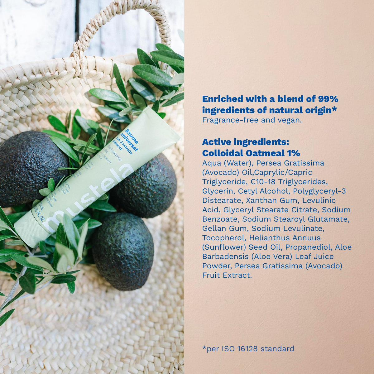 Mustela avocado ingredients display showing sustainable Andes sourcing