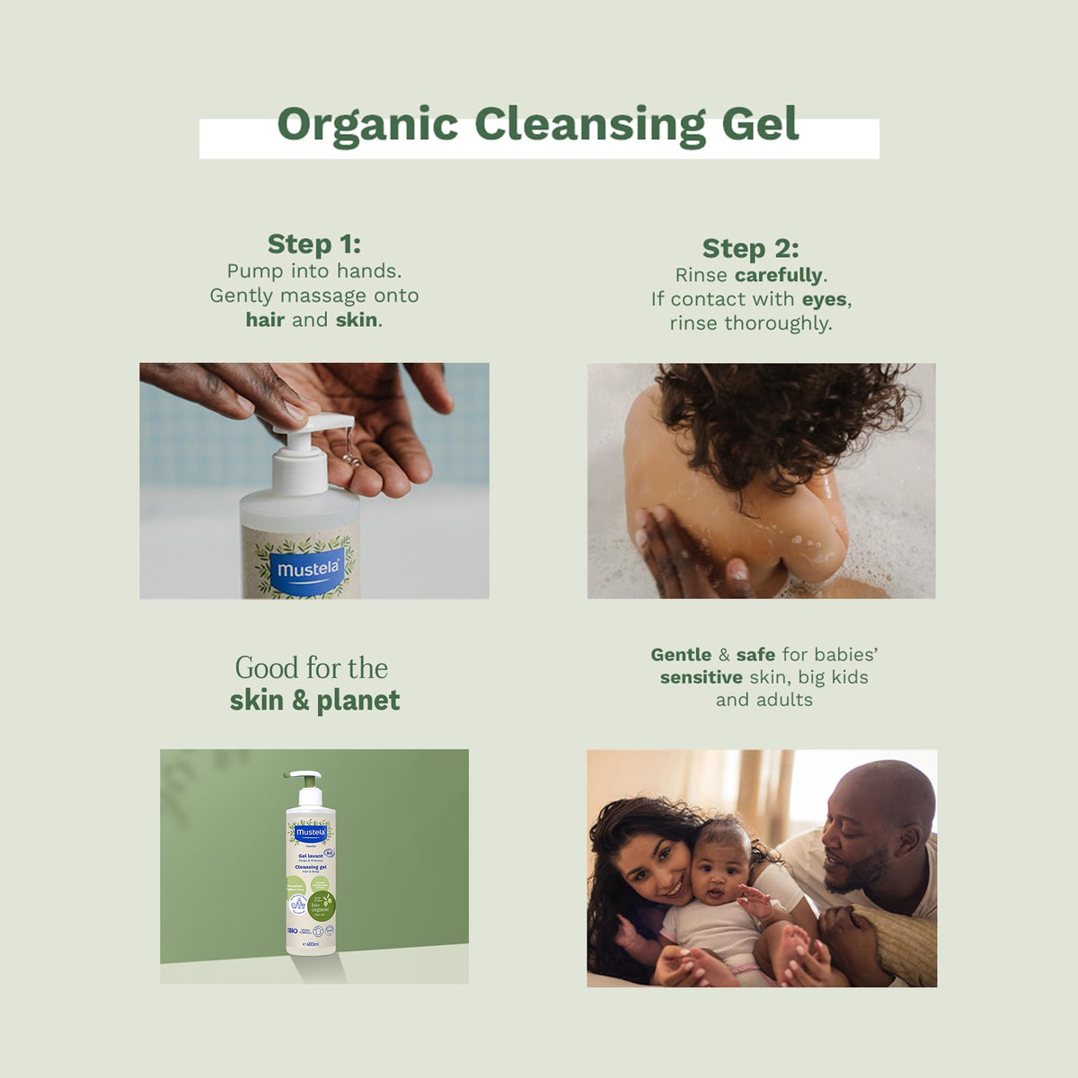 Mustela sugarcane-based refill packaging emphasizing eco-friendly materials