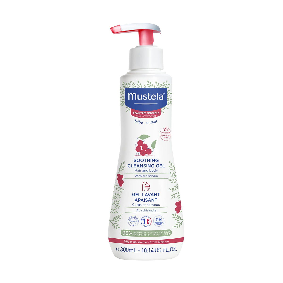 Mustela bottle front view showing soothing cleansing gel benefits