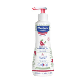 Mustela bottle front view showing soothing cleansing gel benefits