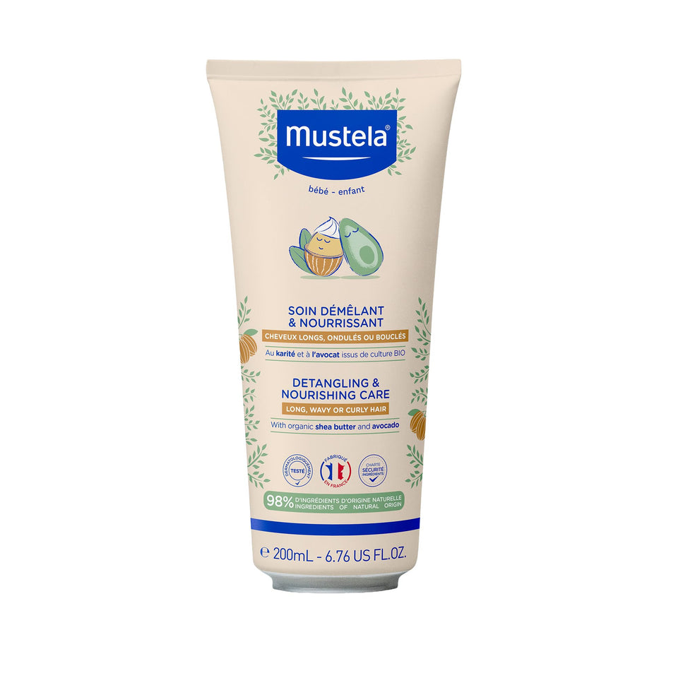 Mustela front packaging shows detangling conditioner and benefits