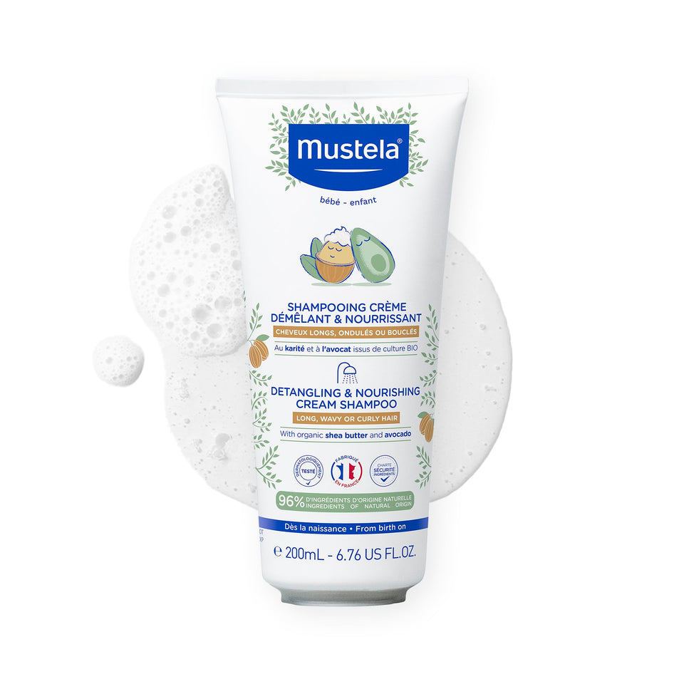 Mustela front packaging showing cream shampoo and benefits