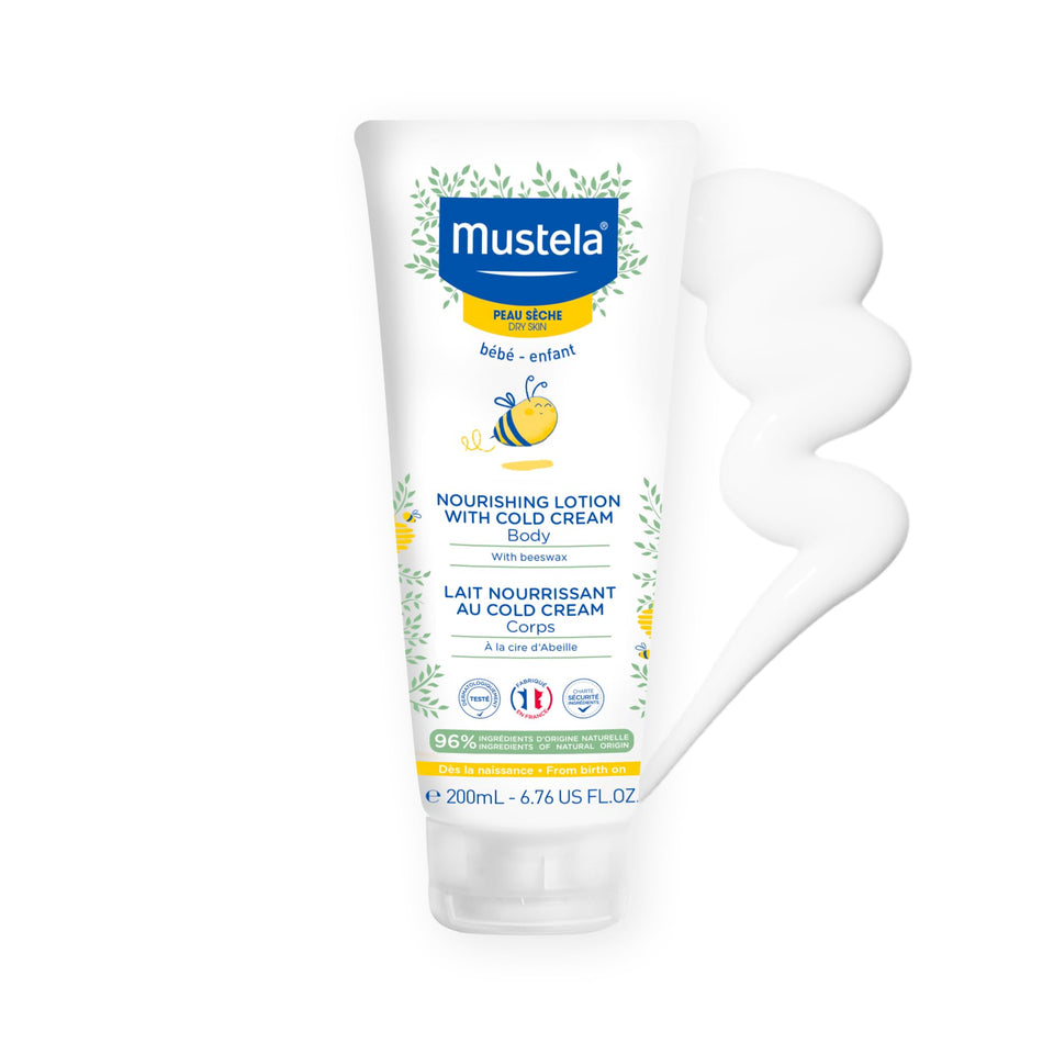 Mustela front packaging showing nourishing lotion bottle and infant-friendly design benefit: easy identification