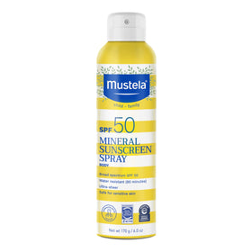 Mustela front packaging showing SPF 50 spray and lightweight protection