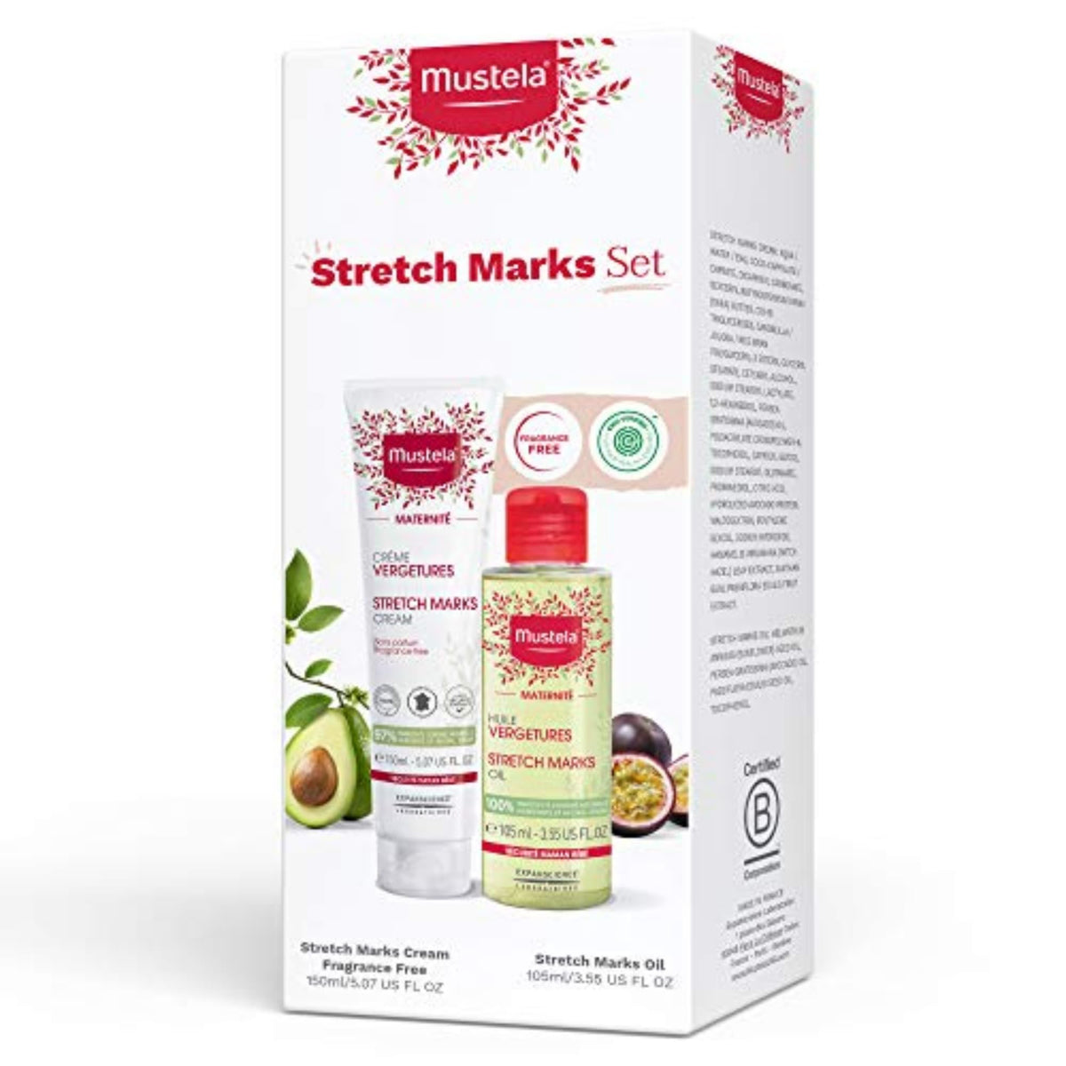 Mustela front packaging of the stretch marks two-piece set showing contents and benefits
