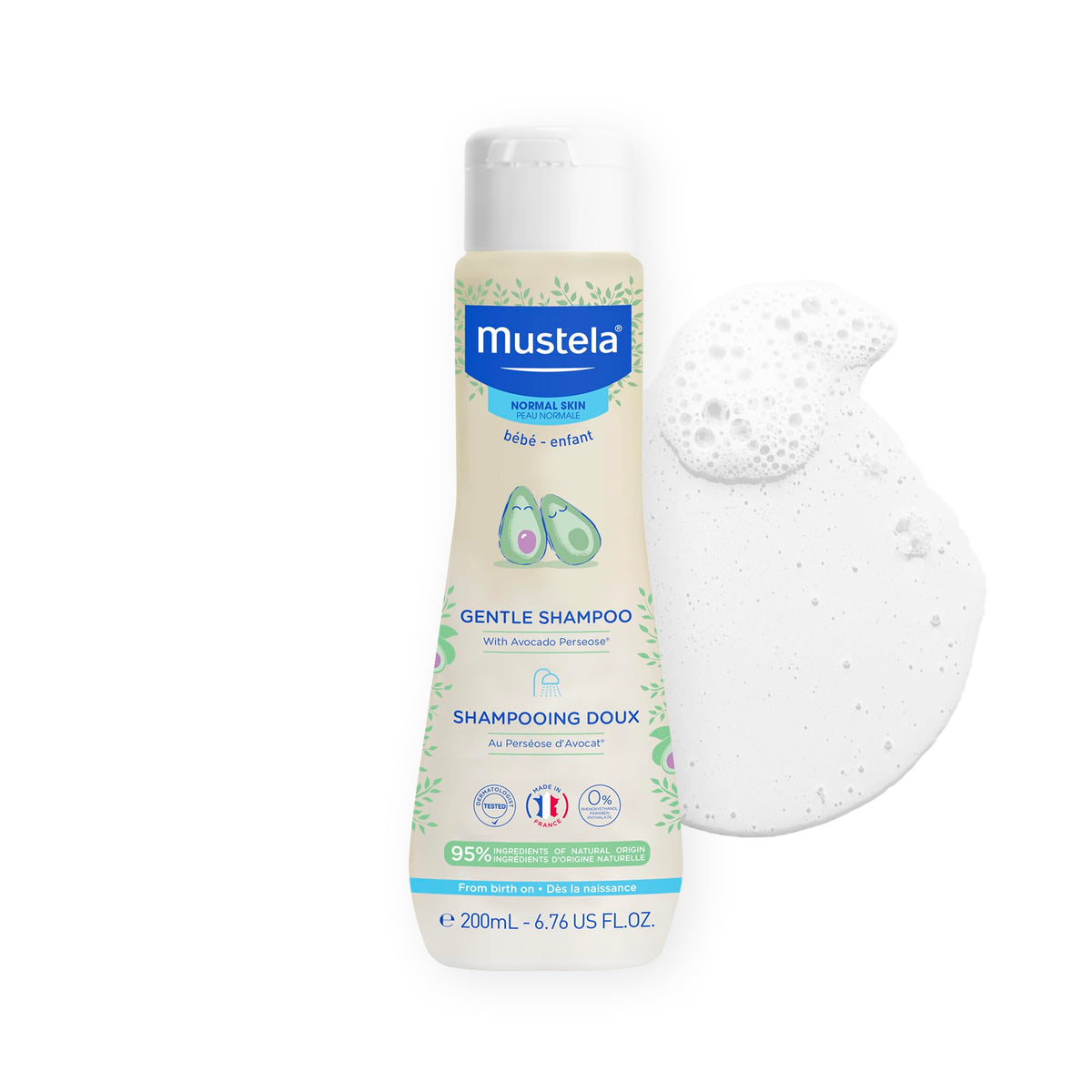Mustela gentle shampoo front bottle showing packaging and newborn-safe benefit