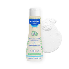 Mustela gentle shampoo front bottle showing packaging and newborn-safe benefit