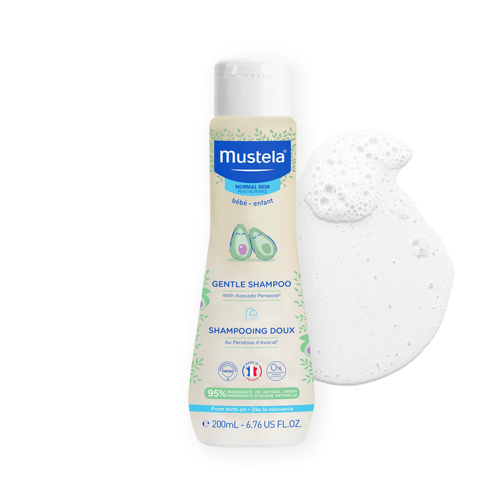 Mustela gentle shampoo front bottle showing packaging and newborn-safe benefit