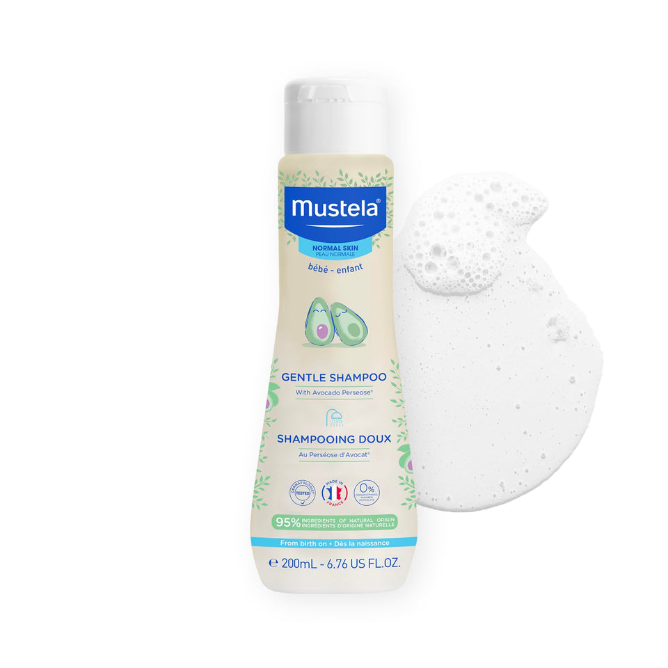 Mustela gentle shampoo front bottle showing packaging and newborn-safe benefit