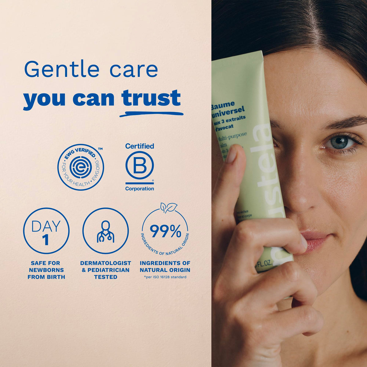 Mustela balm applied on adult hands and cuticles to soften skin