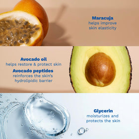 Mustela ingredients display with avocado and shea butter highlighting nourishment